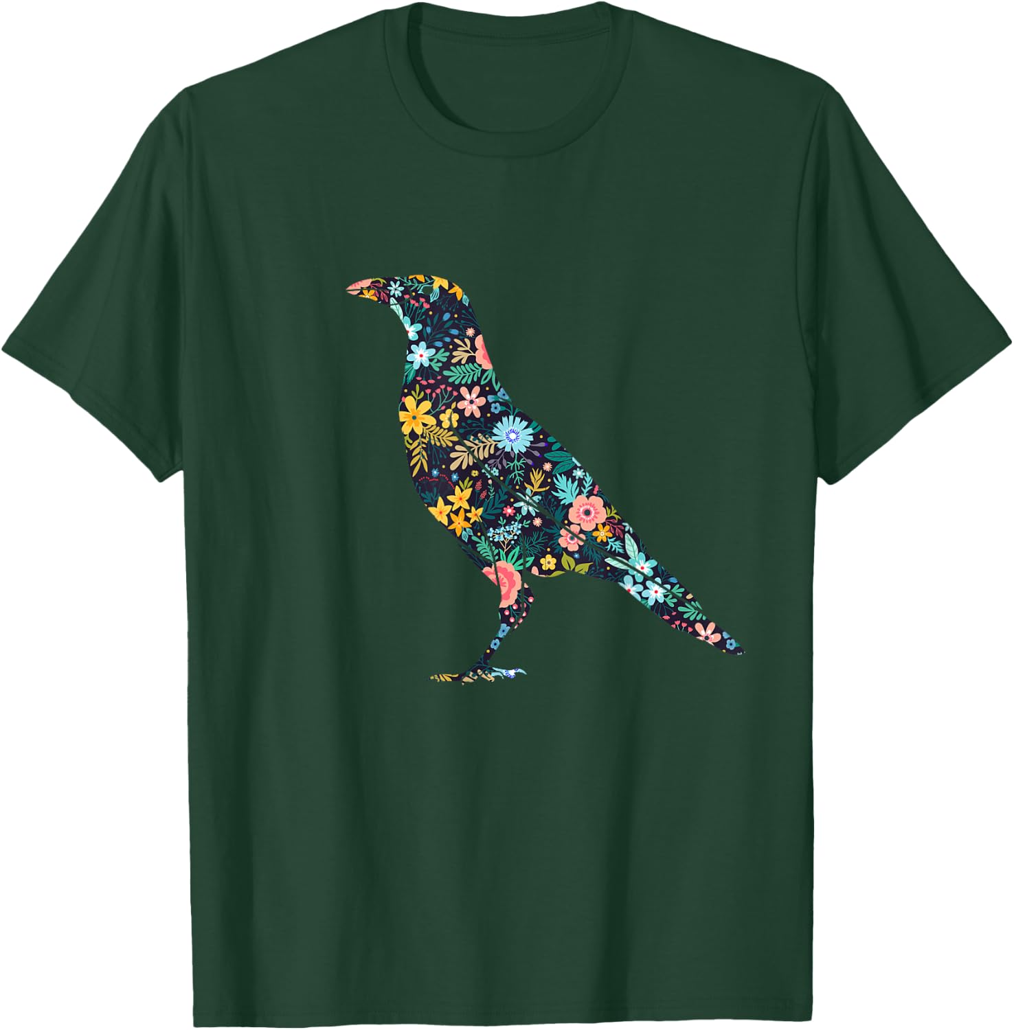 Floral Crow Silhouette Girls Graphic Raven T-Shirt - T-Shirt | Forest