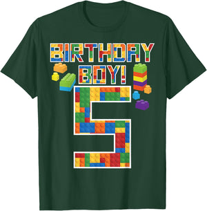 Cute 5th Birthday Gift 5 Years Old Block Building Boys Kids T-Shirt - T-Shirt | Forest