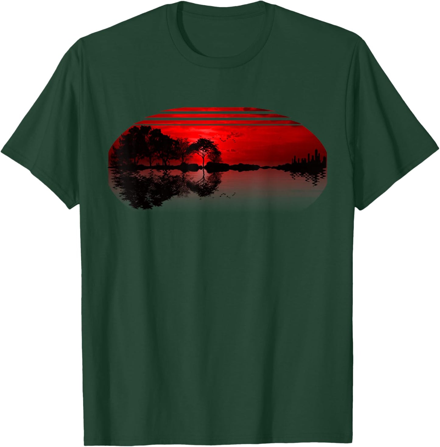 Guitar Sunset Sky Trees City Lake Reflection Special Design T-Shirt - T-Shirt | Forest