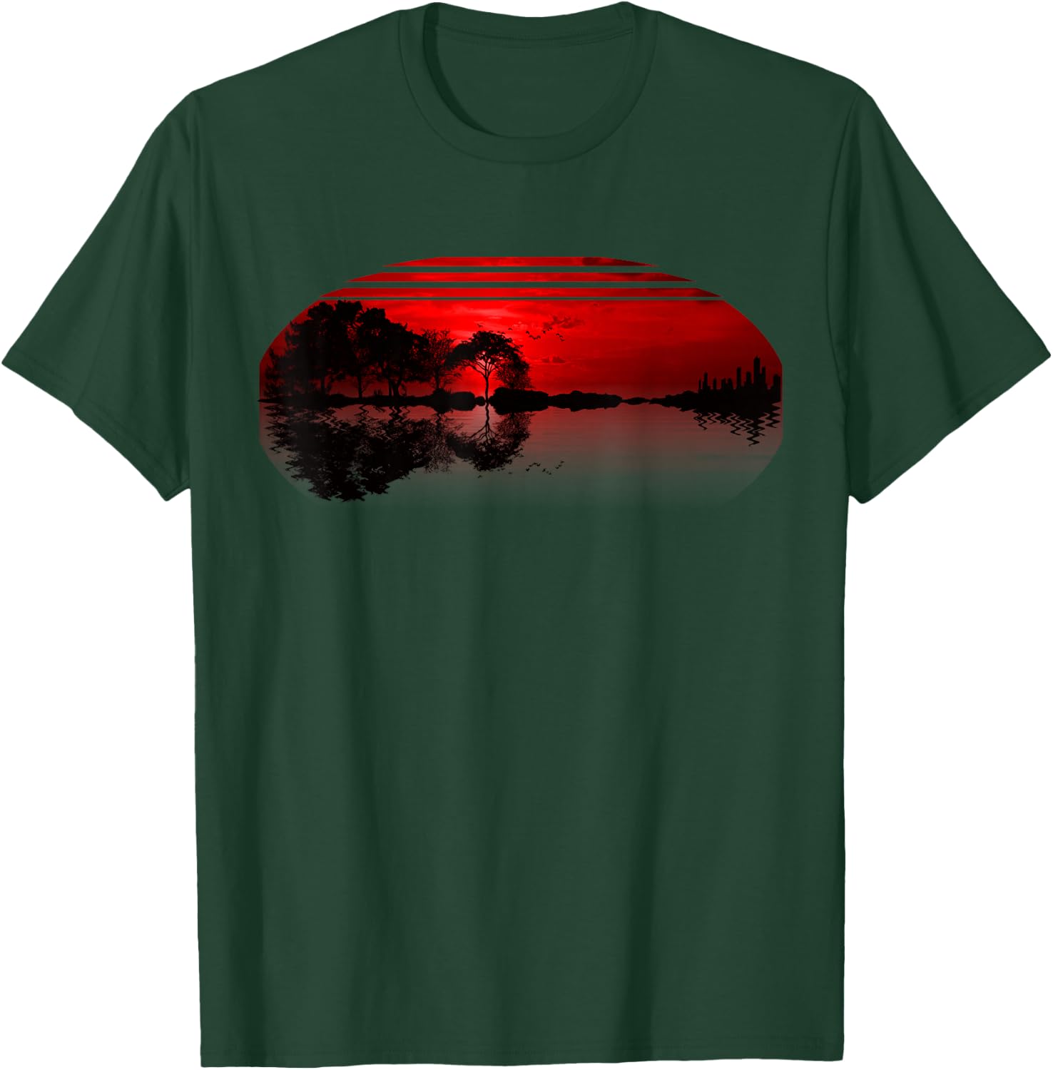 Guitar Sunset Sky Trees City Lake Reflection Special Design T-Shirt - T-Shirt | Forest