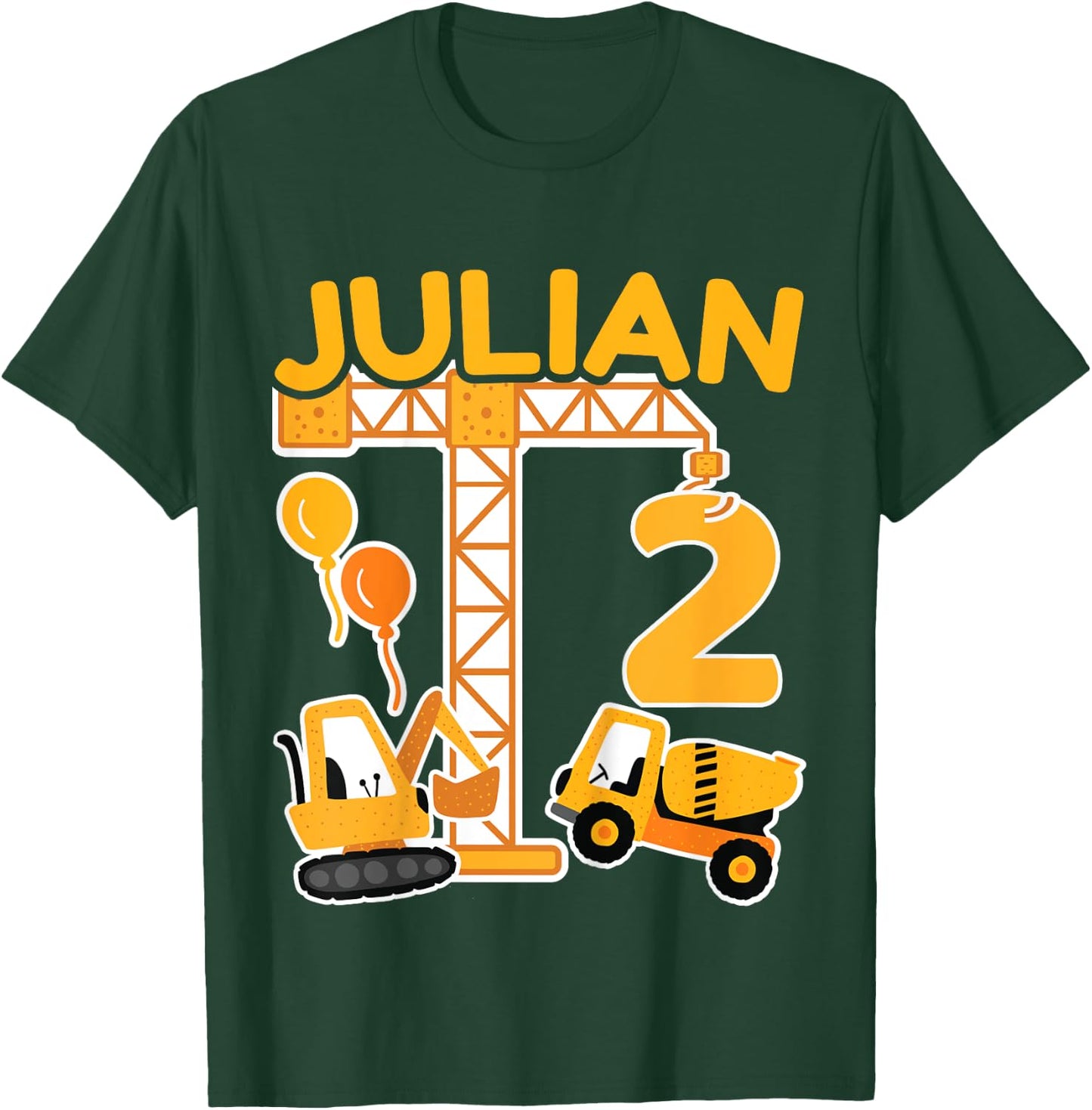 Children's 2nd Birthday First Name Julian Excavator Decoration Gift Boys , black T-Shirt - T-Shirt | Forest