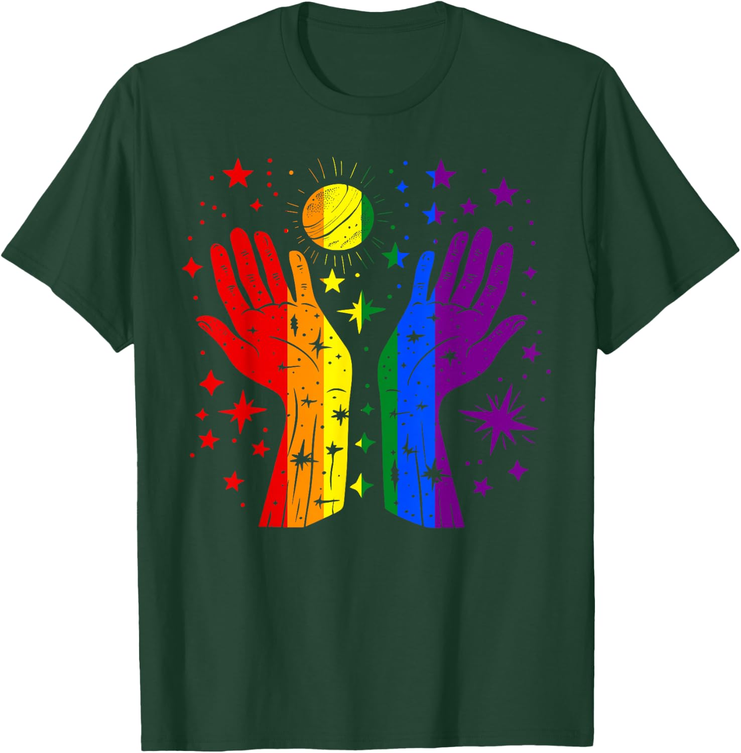 Rainbow Hands with Sun and Stars Gay Pride LGBT T-Shirt - T-Shirt | Forest