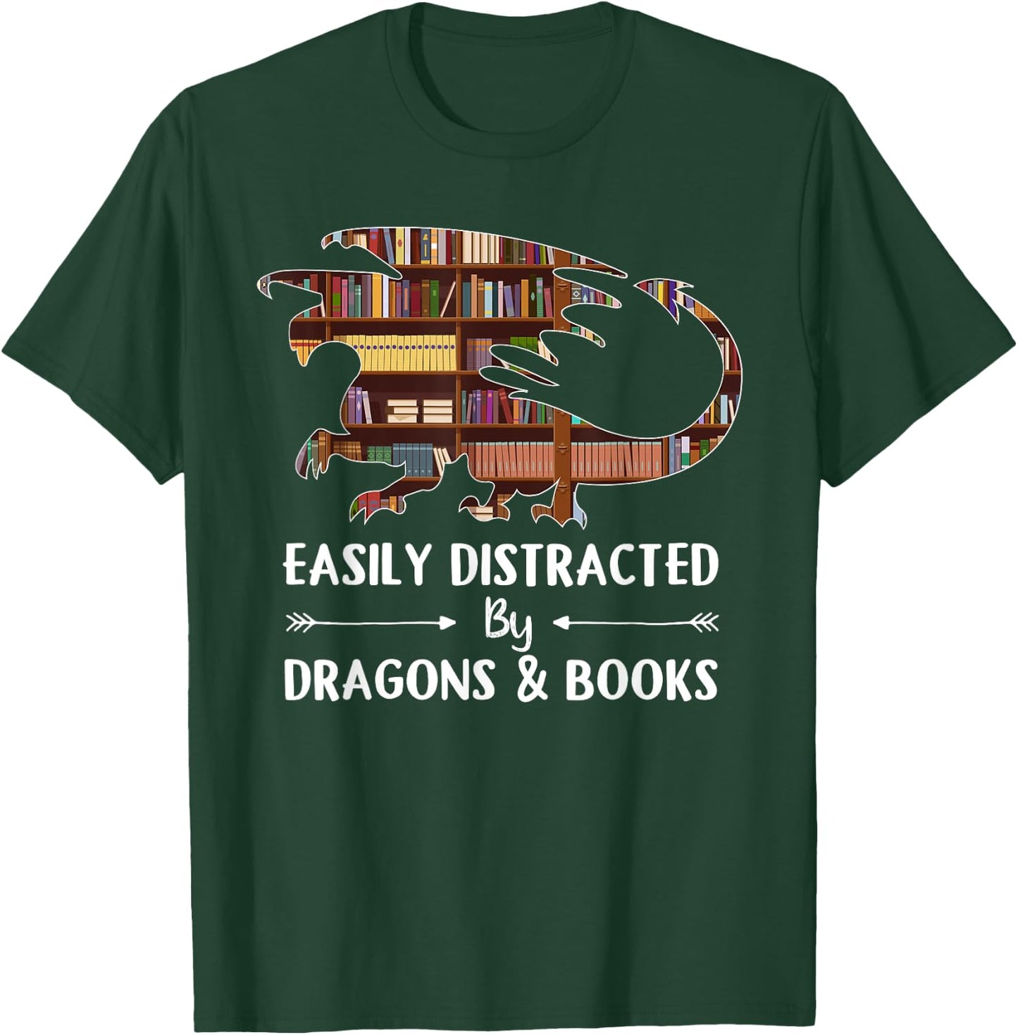 Easily Distracted by Dragon and Books Funny T-Shirt - T-Shirt | Forest