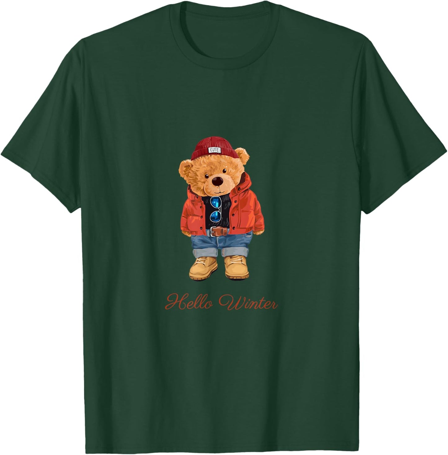 Hello Winter Cool Teddy Bear Cartoon Graphic Designs Fun T-Shirt - T-Shirt | Forest