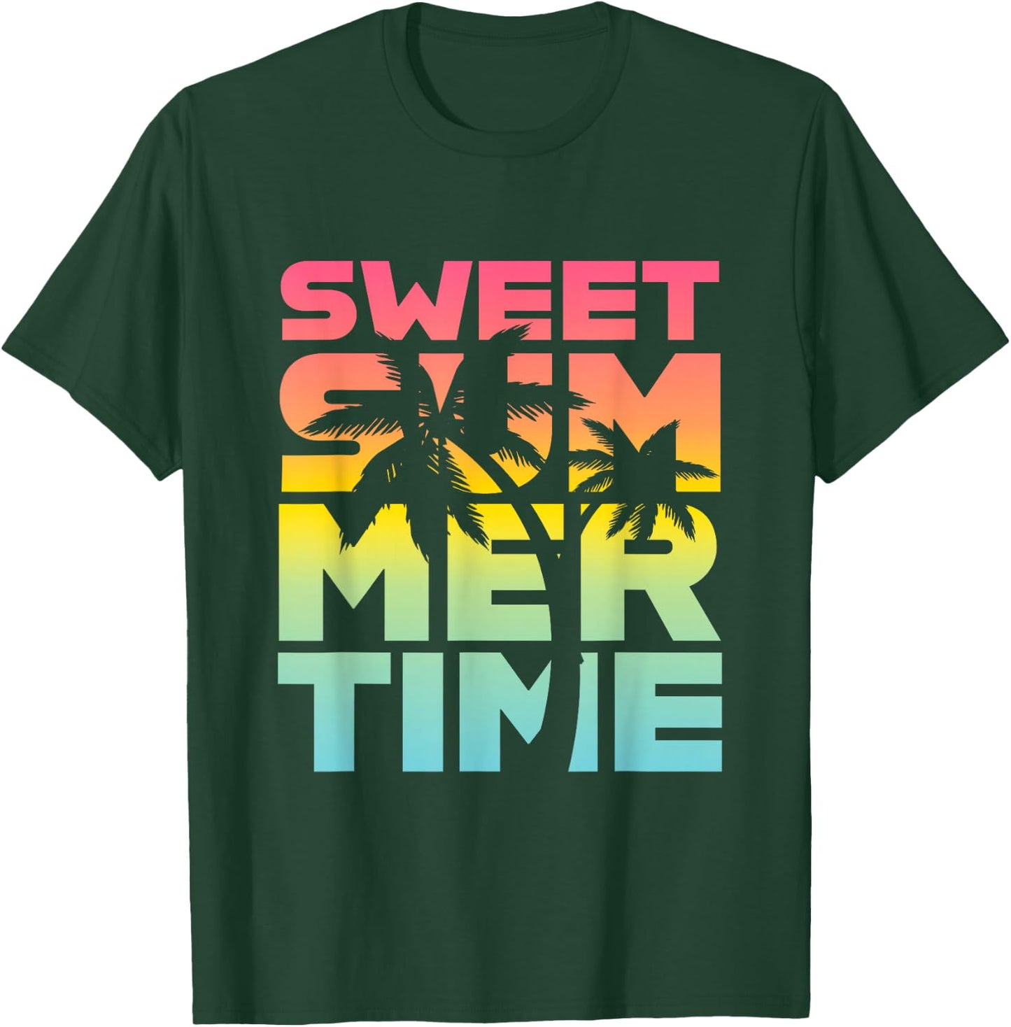 Summer Time Summer Retro Colourful Happy Holiday Palm Trees Beach , black T-Shirt - T-Shirt | Forest