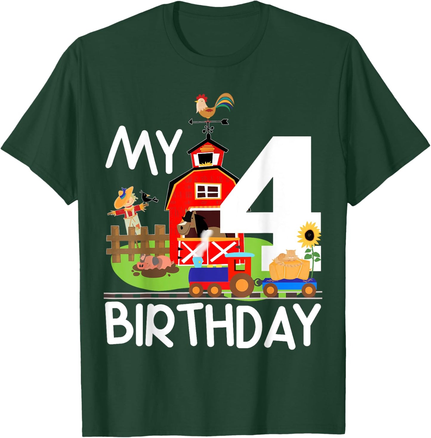 4th Birthday Farm Birthday Train Party Cow Pig Horse Chicken T-Shirt - T-Shirt | Forest