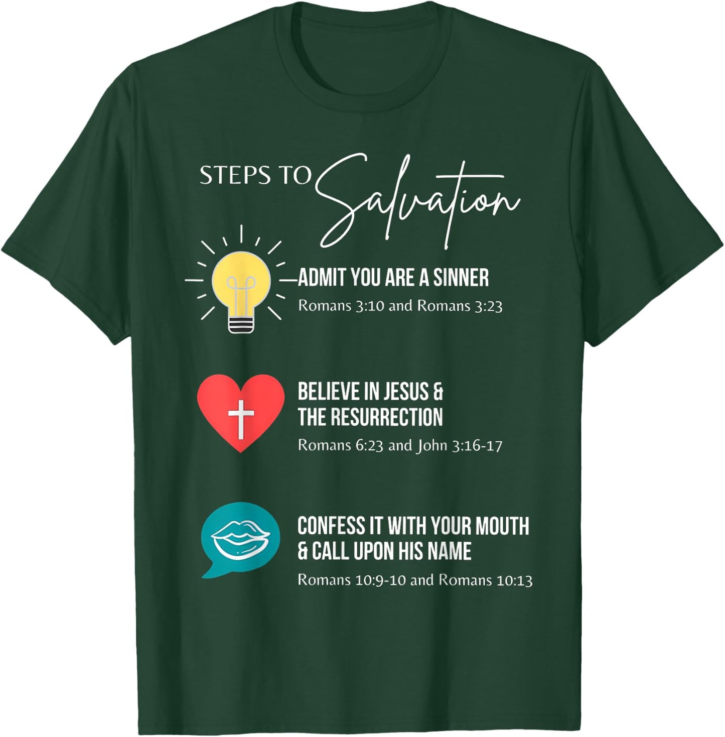 Steps To Salvation Romans 10;9 Thru 13 John 3 16 Christian T-Shirt - T-Shirt | Forest