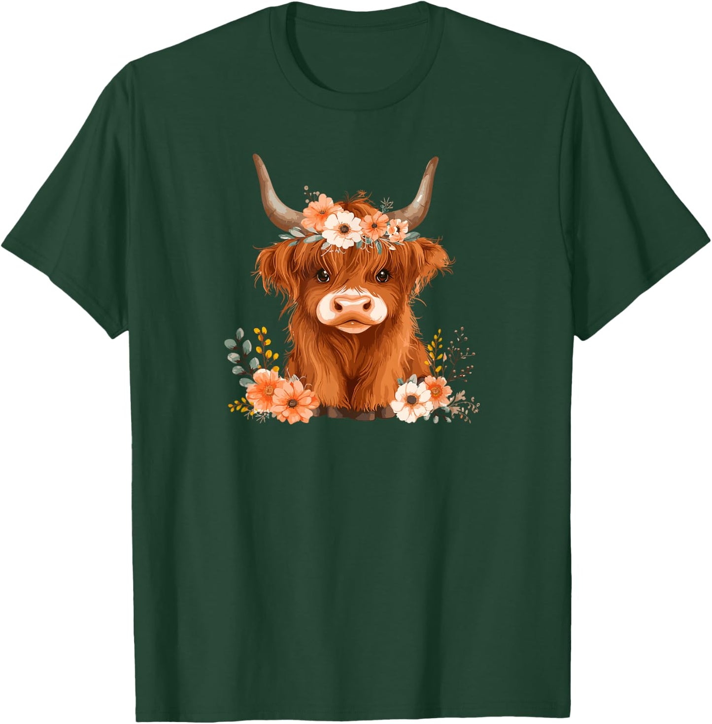 Highland Cow Cattle Flower Floral Crown Watercolor T-Shirt - T-Shirt | Forest