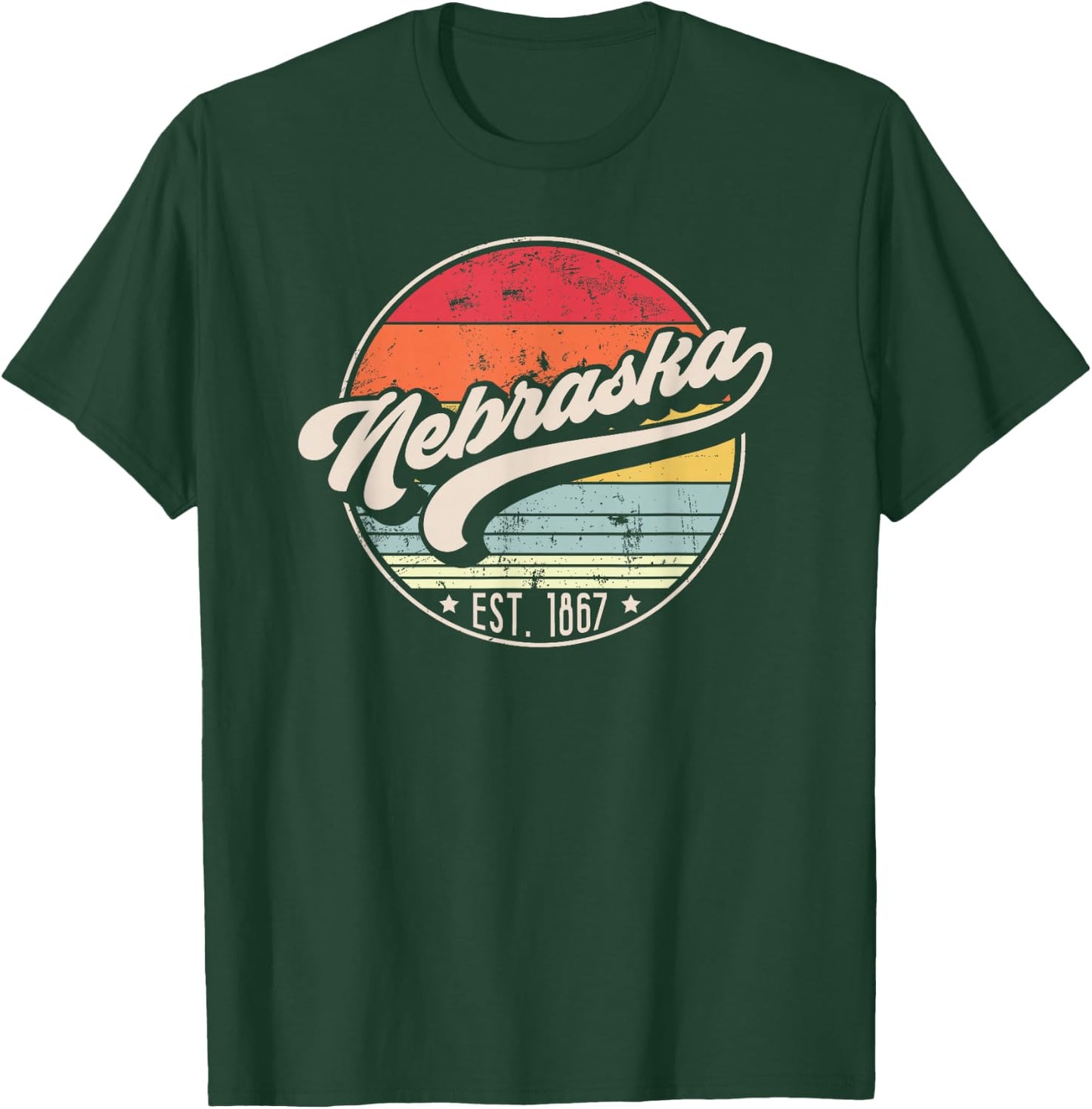 Retro Nebraska Home State NE Cool 70s Style Sunset T-Shirt - T-Shirt | Forest