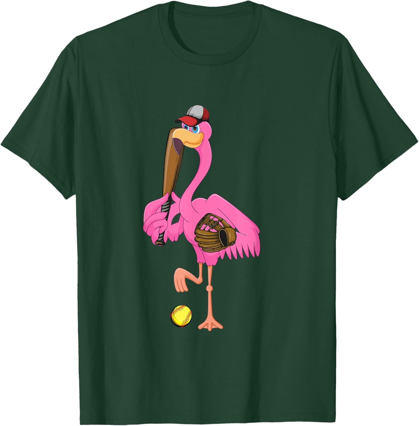 Flamingo Playing Softball Matching Player Coach Birds Lover T-Shirt - T-Shirt | Forest