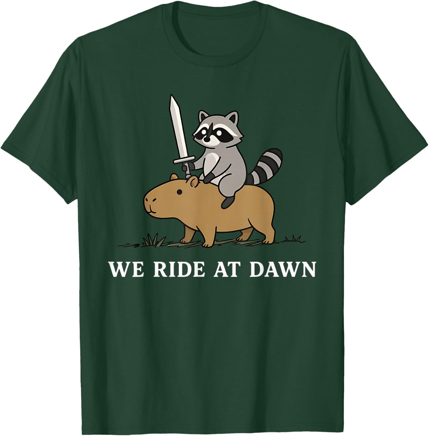 We Ride At Dawn Funny Raccoon Capybara Meme Knight T-Shirt - T-Shirt | Forest