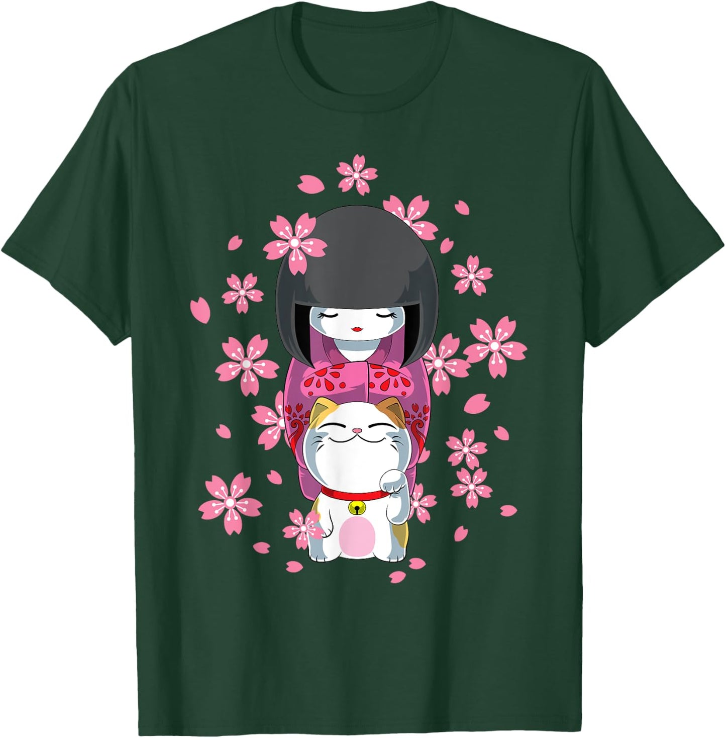 Japanese Kawaii Kokeshi and Cat Lucky Charm , Black T-Shirt - T-Shirt | Forest
