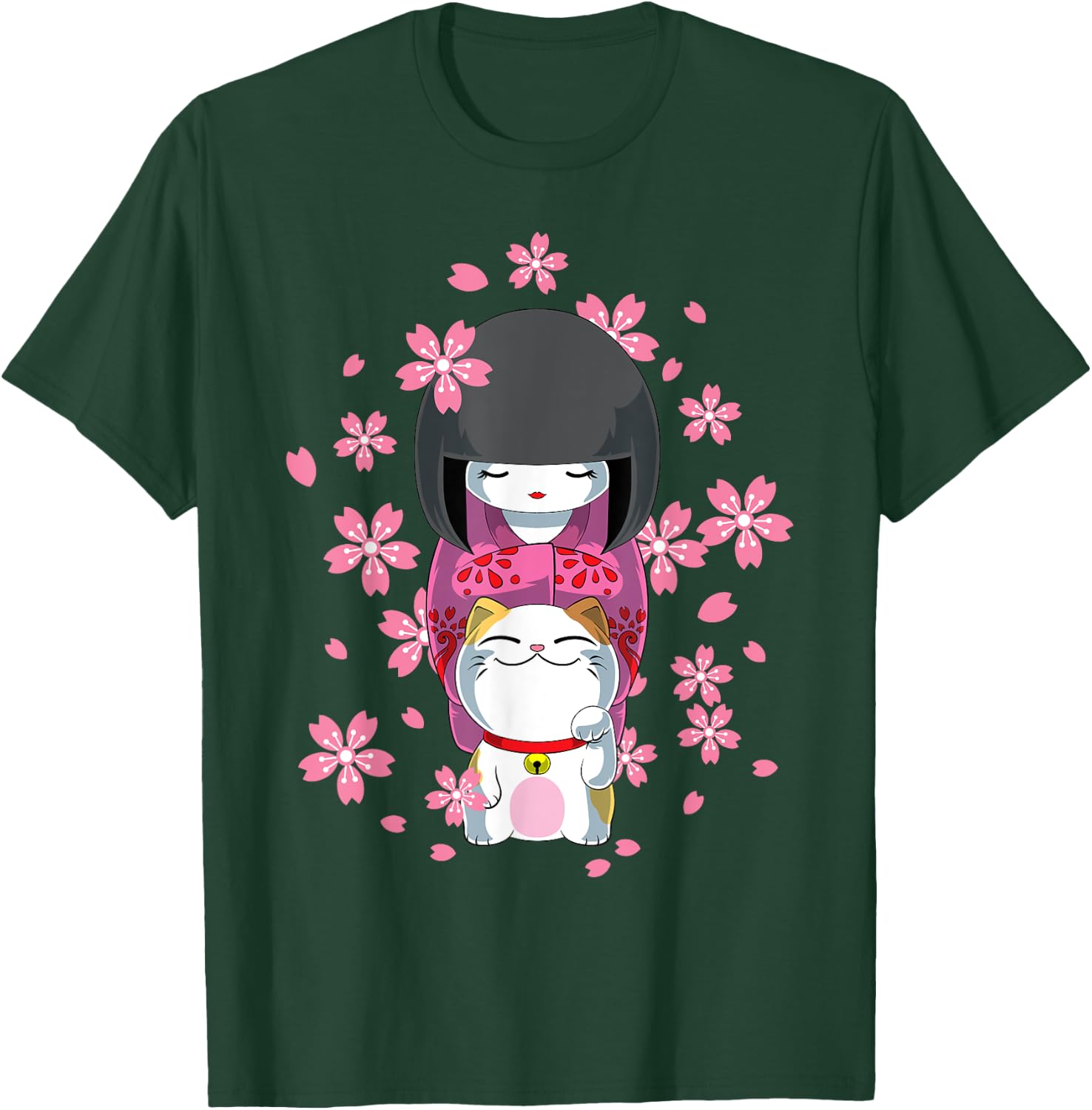 Japanese Kawaii Kokeshi and Cat Lucky Charm , Black T-Shirt - T-Shirt | Forest
