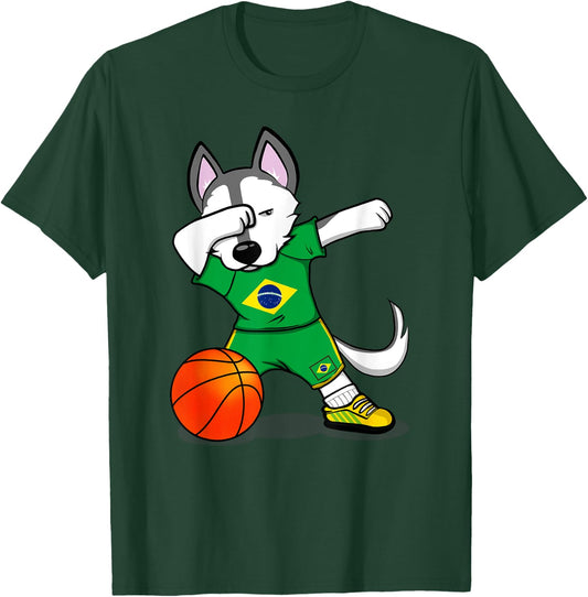 Dabbing Husky Brazil Basketball Fans Jersey Brazilian Flag T-Shirt - T-Shirt | Forest
