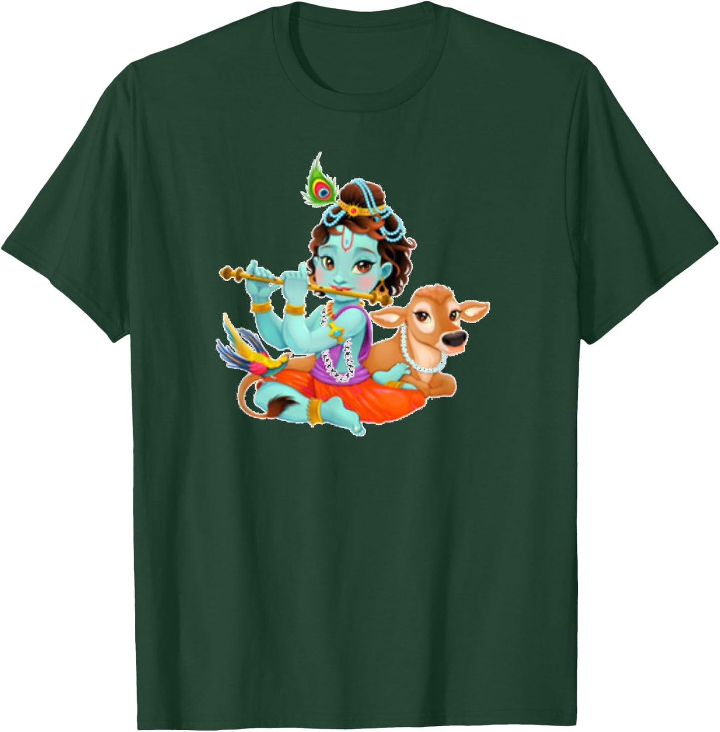 Hindu God Lord Shri Krishna with Cow and Bird T-Shirt - T-Shirt | Forest