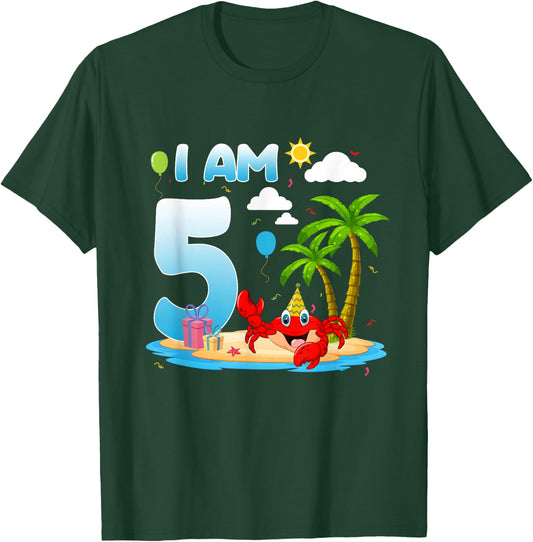 5th Birthday Crab Summer Beach 5 Year Old Bday Party Kids T-Shirt - T-Shirt | Forest