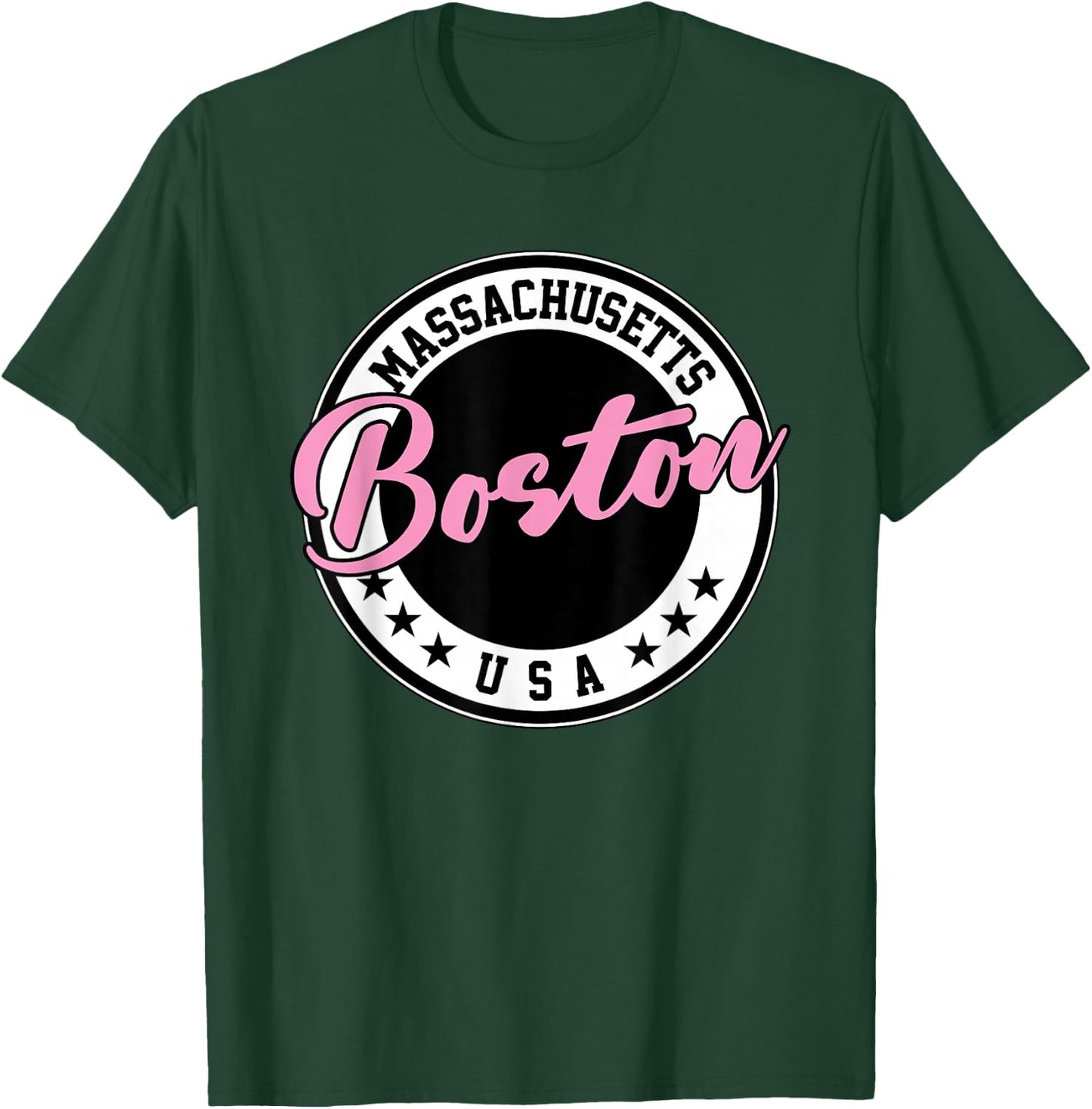 Boston Massachusetts Script Circle Pink Text T-Shirt - T-Shirt | Forest