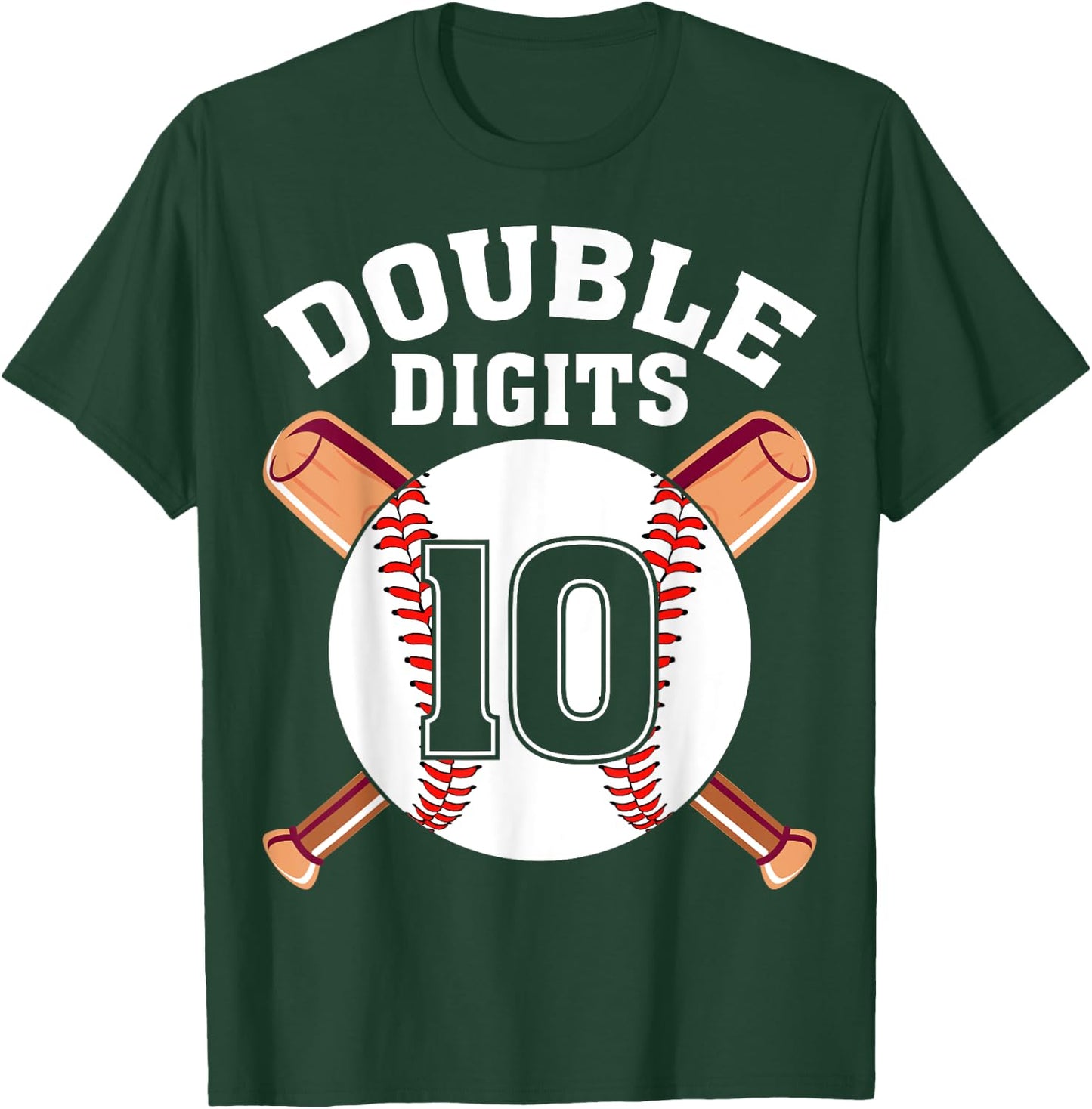 Double Digits Baseball Player 10 Years Old 10th Birthday T-Shirt - T-Shirt | Forest