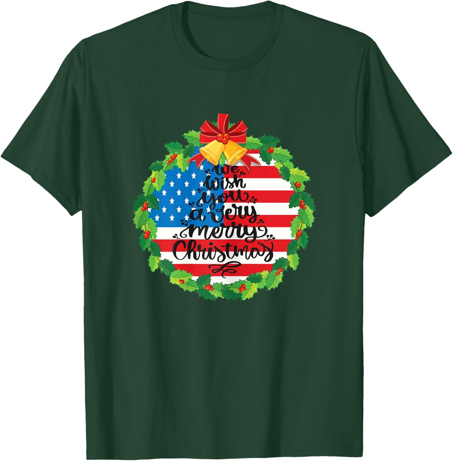 Merry Christmas Wreath Bells Funny Usa Flag Beautiful Cute T-Shirt - T-Shirt | Forest