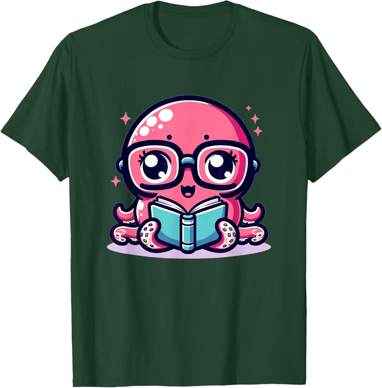 Adorable Book Lover Octopus With Reading Glasses Cute T-Shirt - T-Shirt | Forest