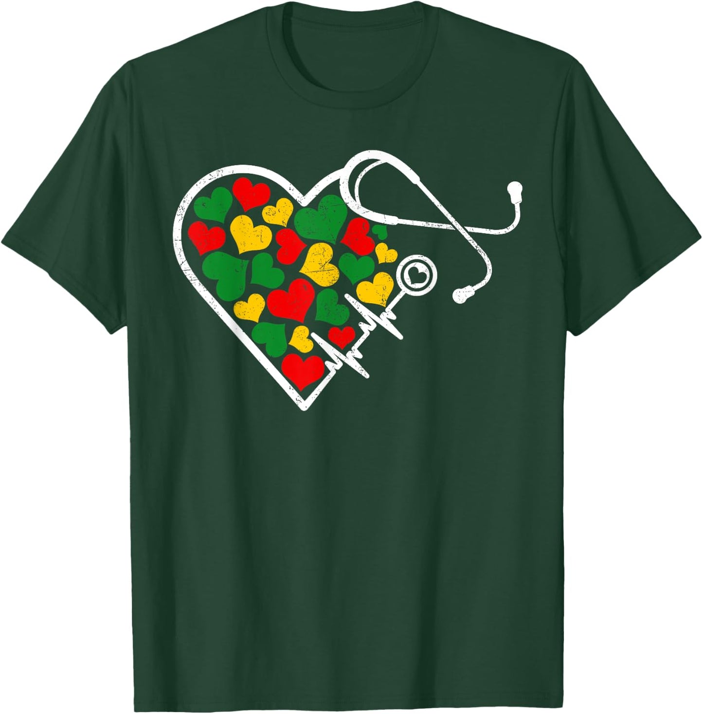 Juneteenth Nurse Stethoscope & Heartbeat Afro Women Girls T-Shirt - T-Shirt | Forest