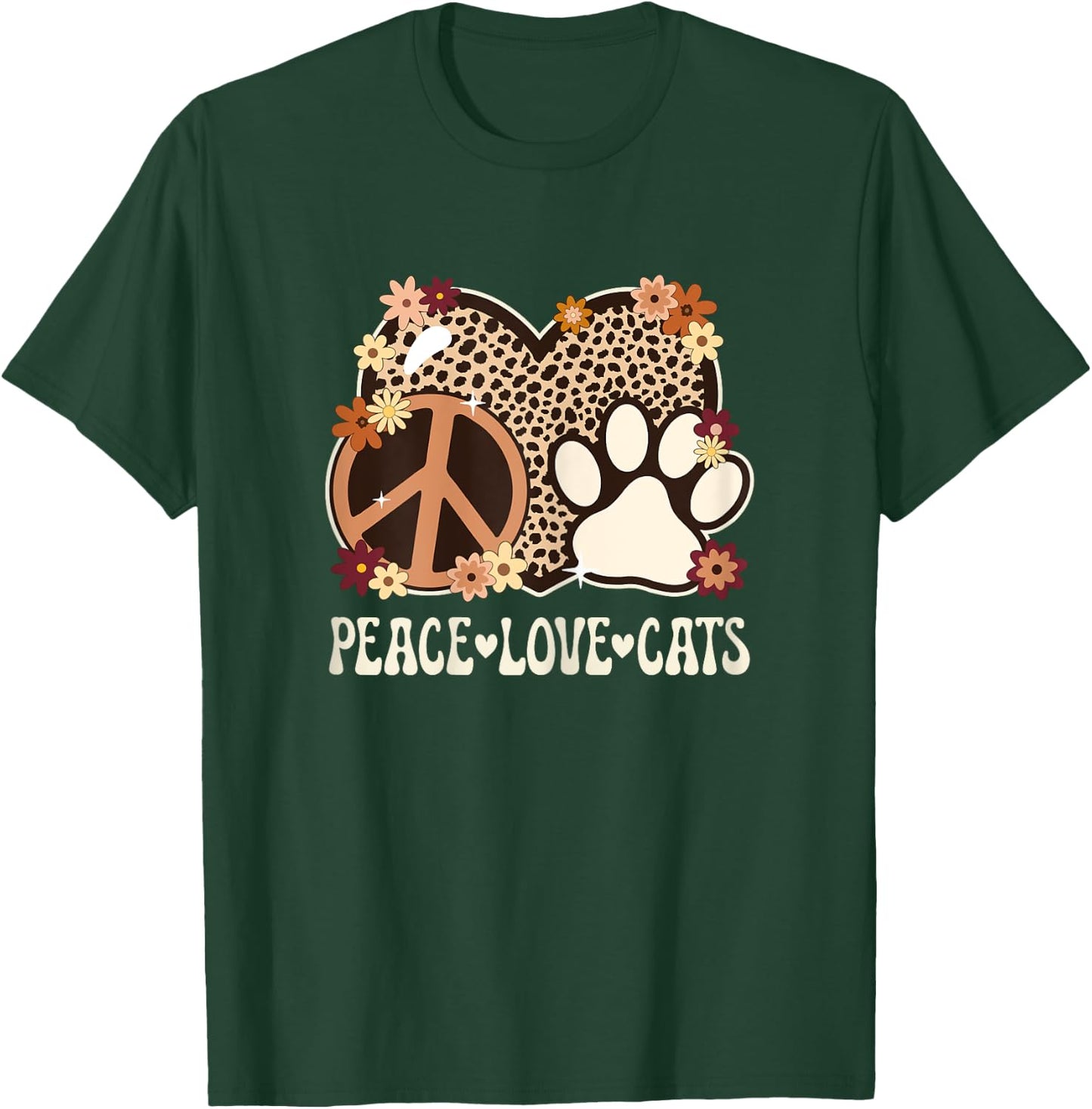 Peace Love Cats Cheetah Print Women Girl Cat Owner Cat Lover T-Shirt - T-Shirt | Forest