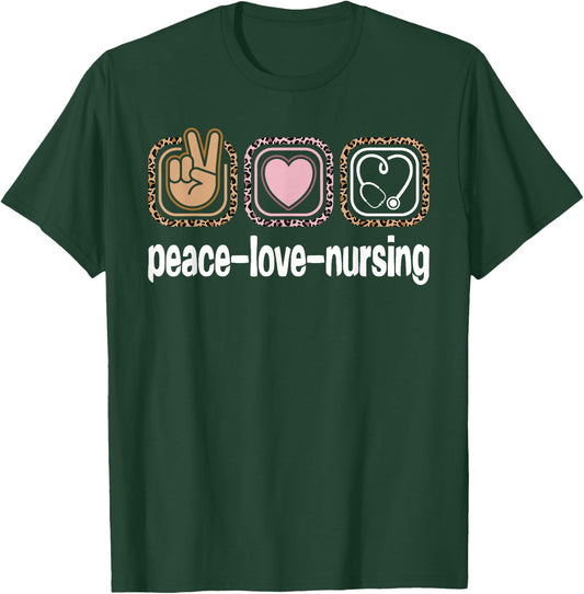Cute Nurse Week Leopard Print Girls Women Peace Love Nursing T-Shirt - T-Shirt | Forest