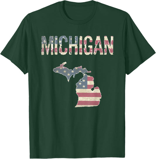 Michigan Patriotic 4th Of July Distressed Flag Great Lakes T-Shirt - T-Shirt | Forest