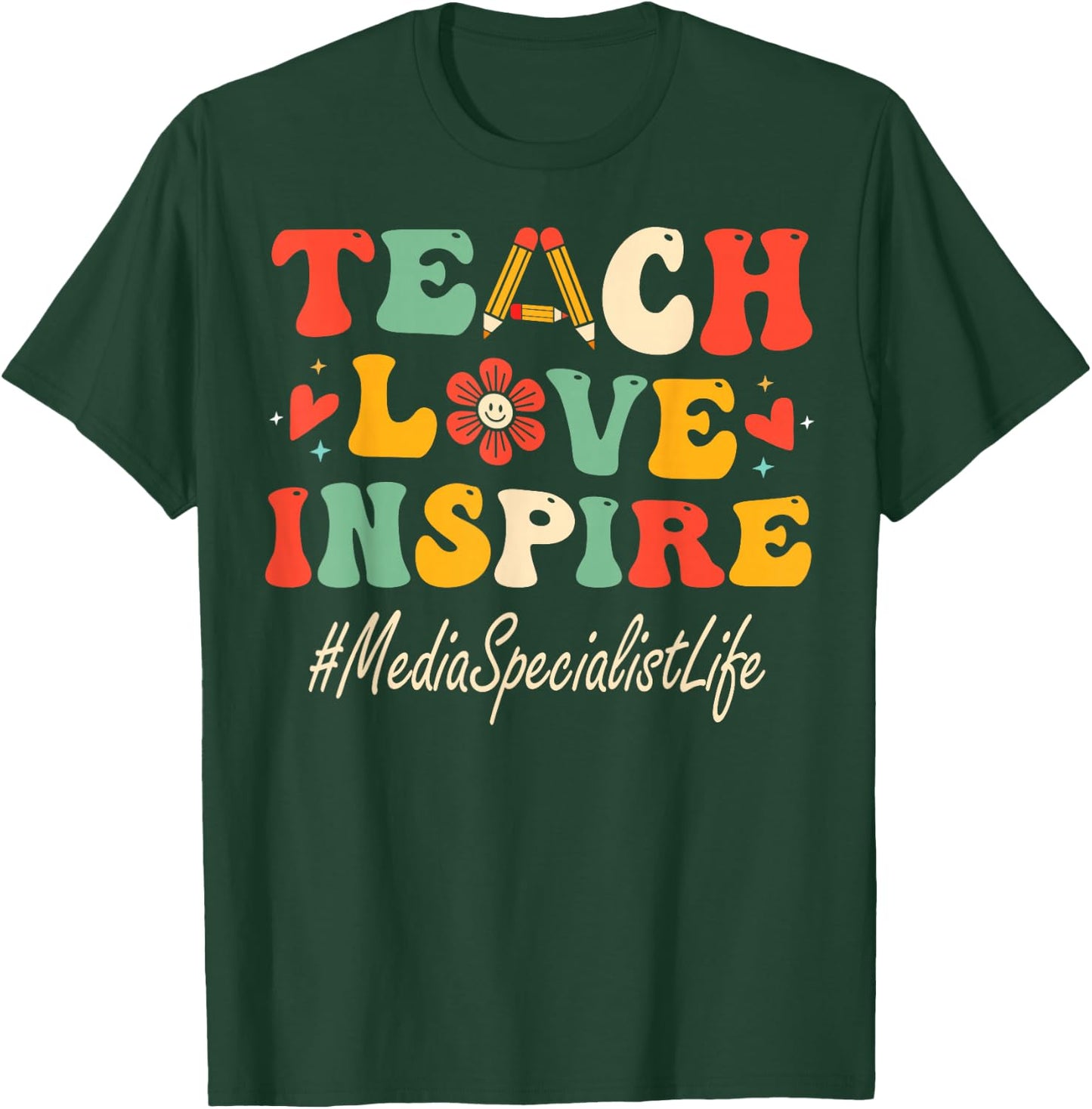 Media Specialist Teach Love Inspire Groovy Bach to School T-Shirt - T-Shirt | Forest