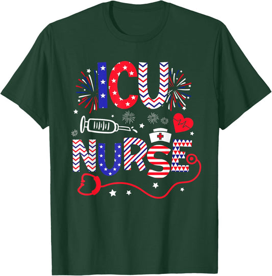 ICU Nurse 4th Of July Patriotic American Flag Stethoscope T-Shirt - T-Shirt | Forest