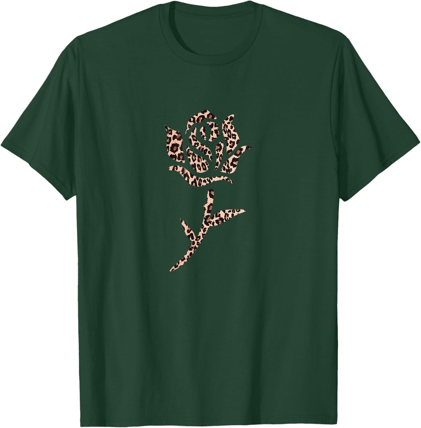Animal Print Leopard Print Rose with Stem Design T-Shirt - T-Shirt | Forest