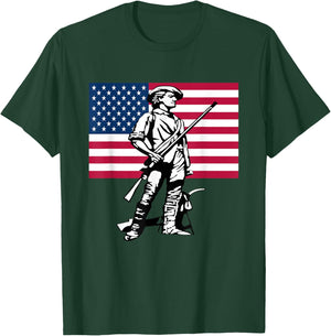 Minute Man Statue with American Flag Backdrop T-Shirt - T-Shirt | Forest