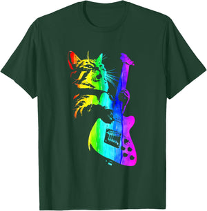 Funny HOUSE CAT Rainbow DJ Cat Kitty Rock Cat Playing Guitar T-Shirt - T-Shirt | Forest