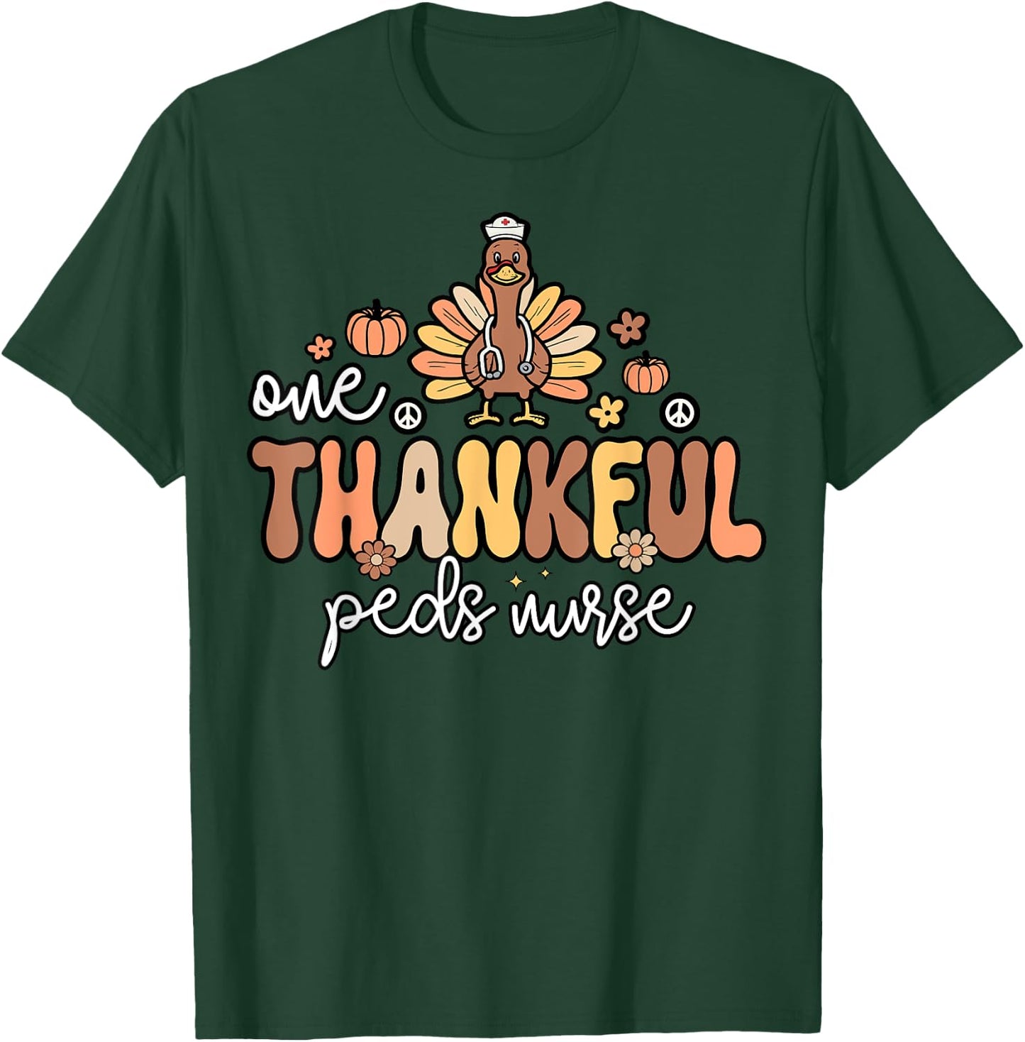 Thankful Peds Nurse Groovy Thanksgiving Turkey Pediatric T-Shirt - T-Shirt | Forest