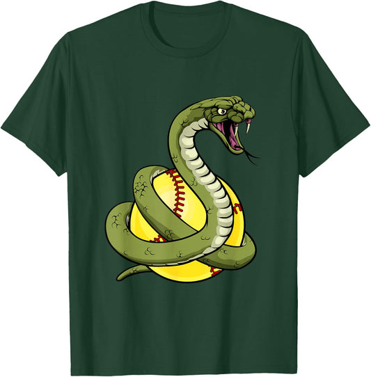 Viper Snake Cartoon Character Holding a Softball Ball T-Shirt - T-Shirt | Forest