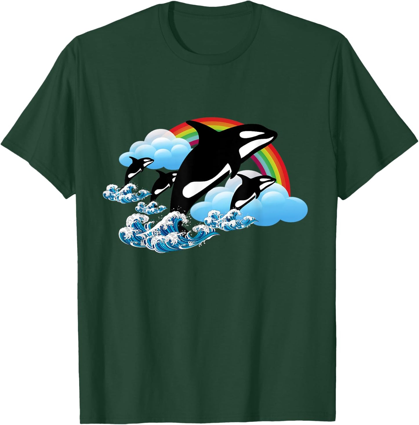 Killer Orca Whale Family Jumping Over Rainbow - Funny T-Shirt - T-Shirt | Forest
