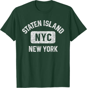 Staten Island NYC Gym Style Distressed White Print T-Shirt - T-Shirt | Forest
