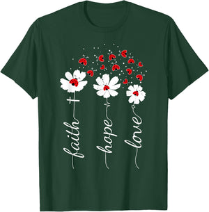 Faith Lady Bug Daisy Flowers Jesus Christian God Religious T-Shirt - T-Shirt | Forest