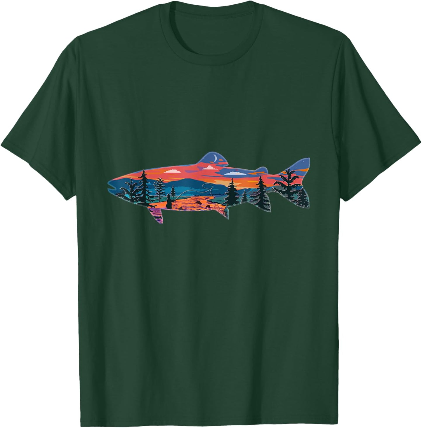 Trout Silhouette Fly Fishing Mountain Sunset River Stream T-Shirt - T-Shirt | Forest