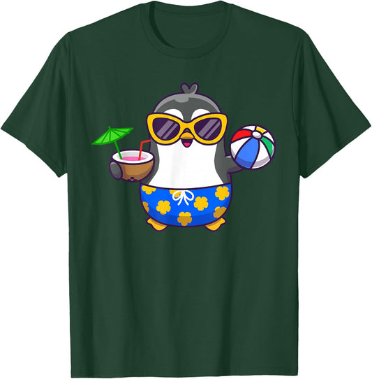 Funny Penguin Hawaiian Funny Aloha Penguin Drinking Coconut T-Shirt - T-Shirt | Forest