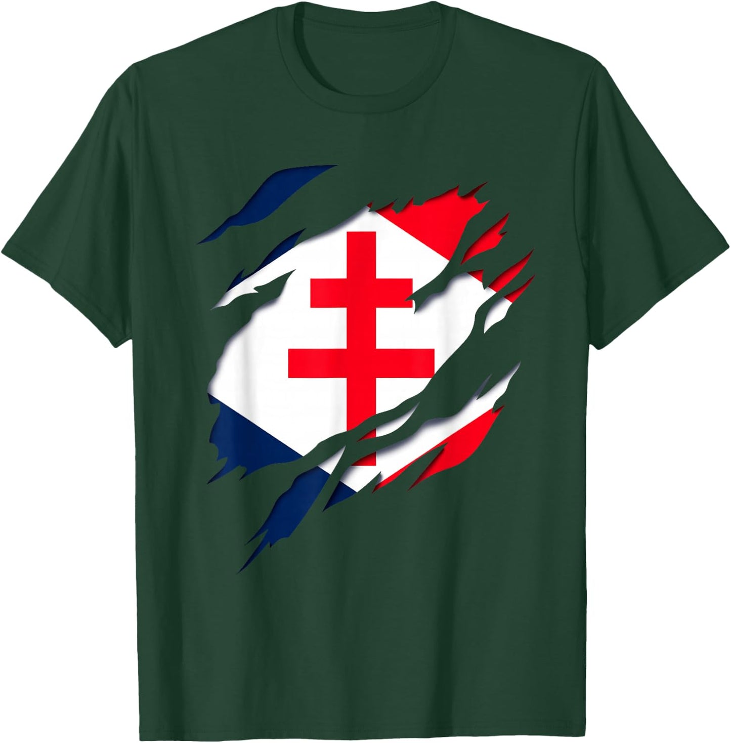 Gaullism Flag Cross of Lorraine Torn 3D Effect France , Black, S T-Shirt - T-Shirt | Forest