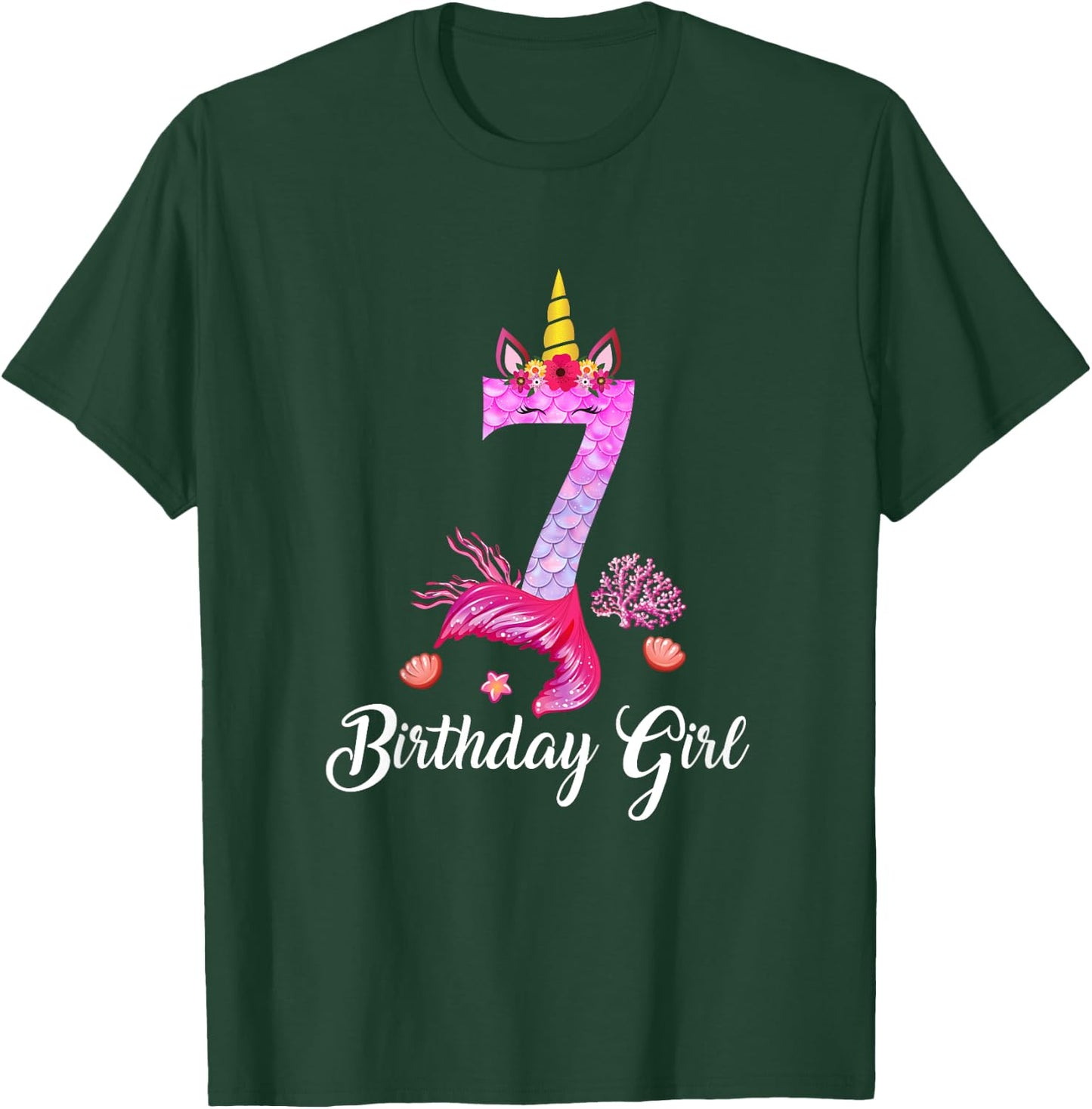 7th Mermaid Tail Shirt Unicorn Number 7 Years Old Birthday T-Shirt - T-Shirt | Forest
