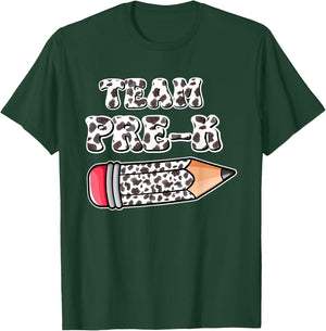 Team Pre-K Cow Print Pencil Back To School Kids Boys Girls T-Shirt - T-Shirt | Forest