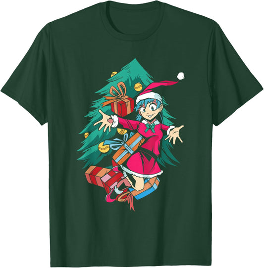 Anime Girl Santa Hat Christmas Pajama Cute Kawaii Xmas Otaku T-Shirt - T-Shirt | Forest