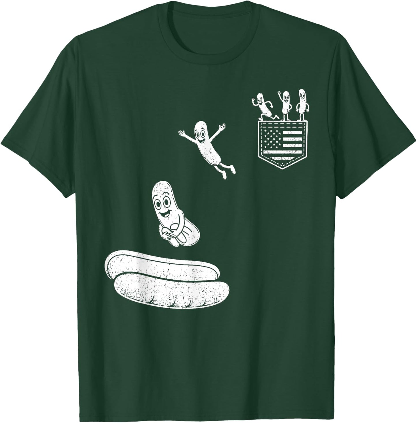 Funny 4th of July Patriotic Hot-Dog BBQ Flying into Bun 250 T-Shirt - T-Shirt | Forest
