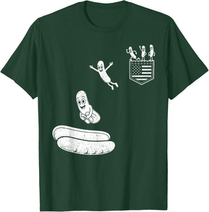 Funny 4th of July Patriotic Hot-Dog BBQ Flying into Bun 250 T-Shirt - T-Shirt | Forest