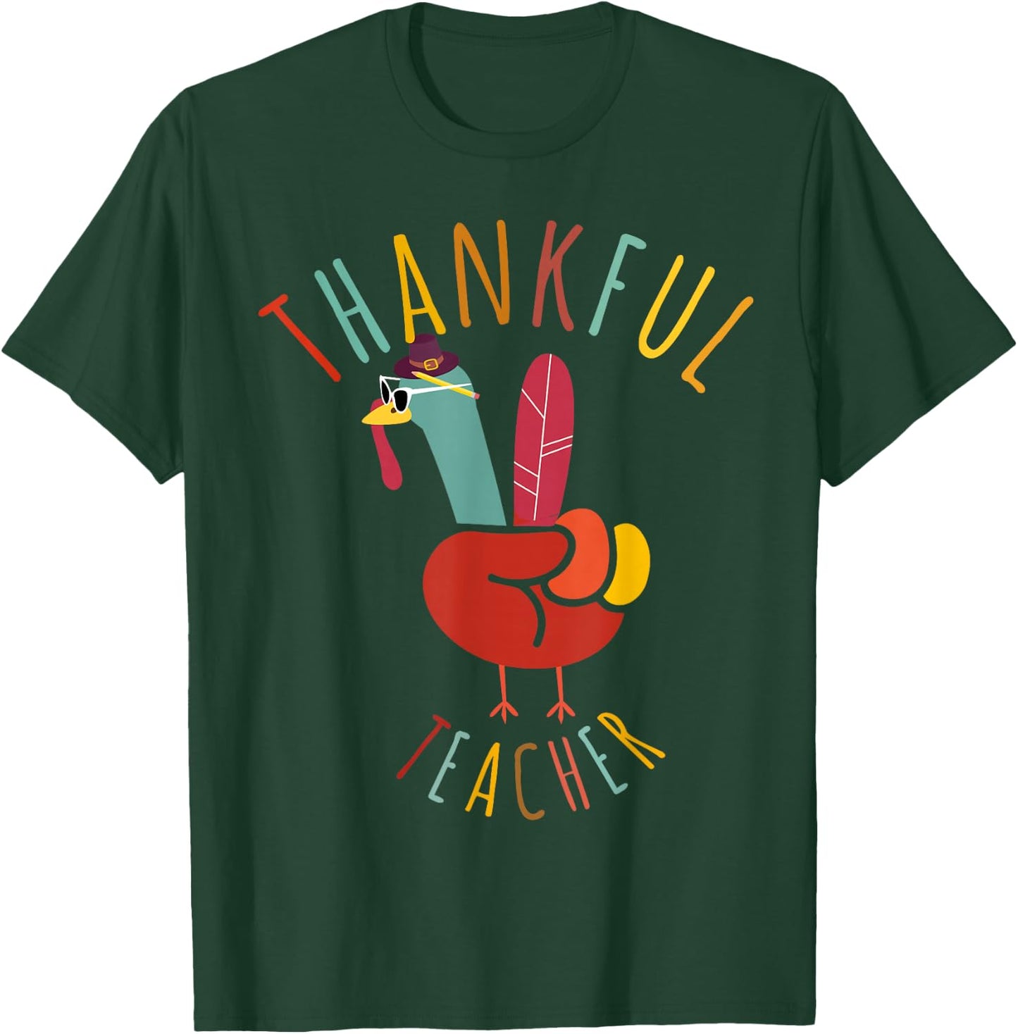 Peace Hand Sign Turkey Funny Thankful Teacher Thanksgiving T-Shirt - T-Shirt | Forest