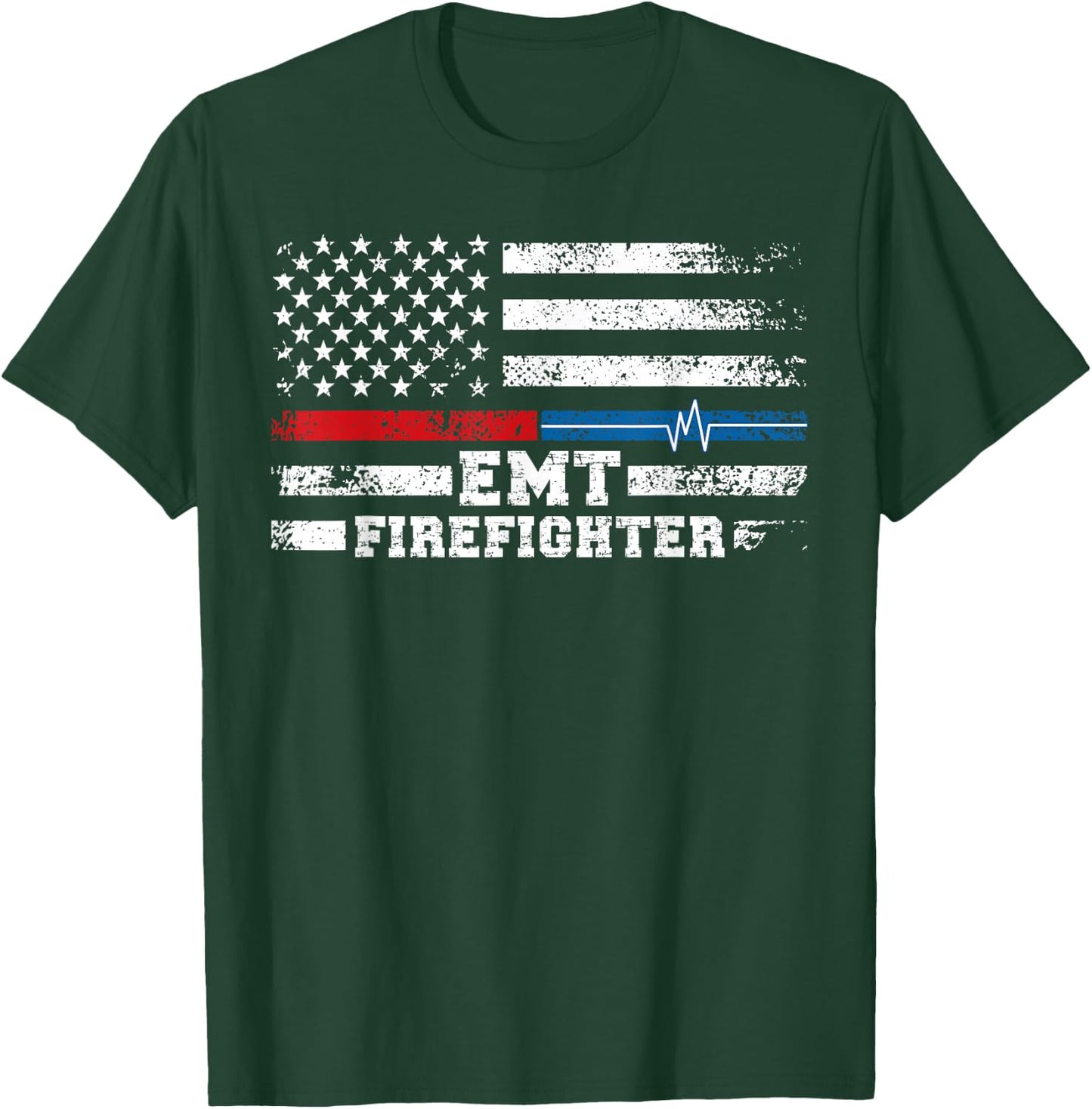 EMT Firefighter American Flag Proud Firefighter EMT T-Shirt - T-Shirt | Forest