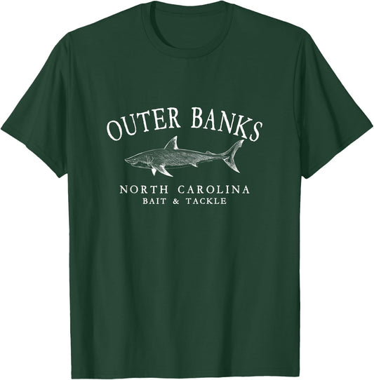 Outer Banks North Carolina Shark Retro White Outline Fishing T-Shirt - T-Shirt | Forest