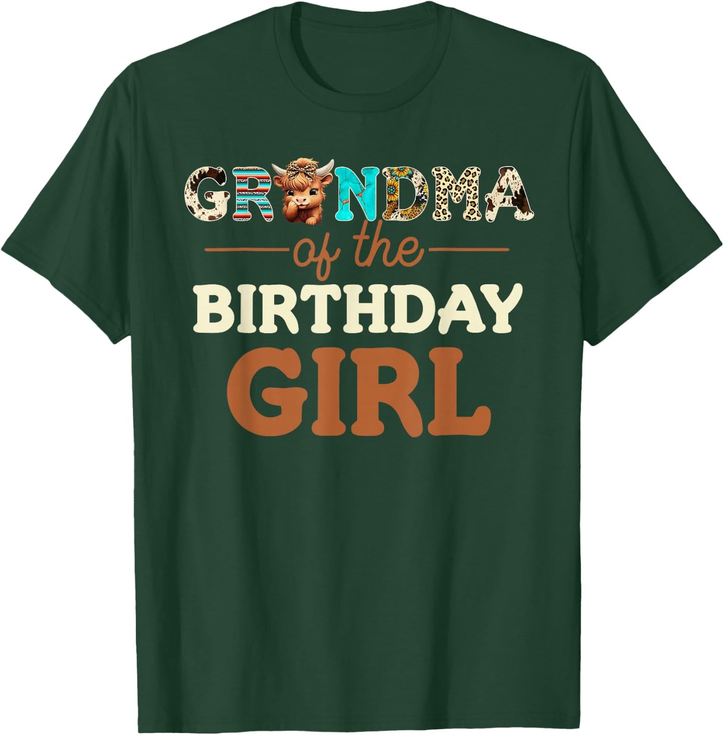 Grandma of The Birthday Girl Highland Cow Print First Bday T-Shirt - T-Shirt | Forest